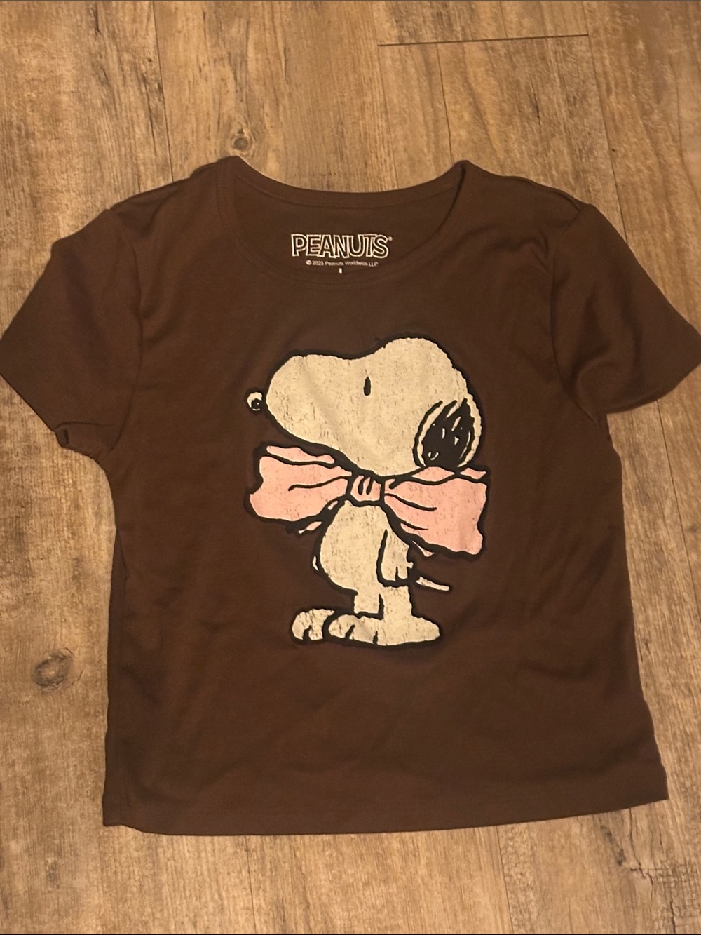 Peanuts Brown Short Sleeve Tee with Pink Bow Snoopy Graphic